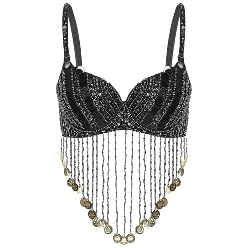 HEUchuan Bauchtanz-Performance-Kostüm for Damen, verstellbare Träger, glänzende Pailletten, Kunststoffperlen, Quasten, Bügel-BH-Tops für Performance-Kostüm Bauchtanz(Black) von HEUchuan