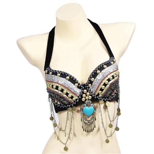 Vintage BH Tribal Bauchtanz Push Up BH Holzperlen Top für Performance-Kostüm Bauchtanz(Beige,M) von HEUchuan