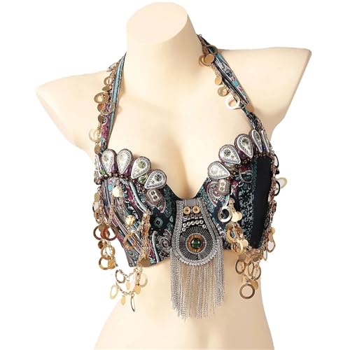 Vintage BH Tribal Bauchtanz Push Up BH Holzperlen Top für Performance-Kostüm Bauchtanz(Blue,XL) von HEUchuan