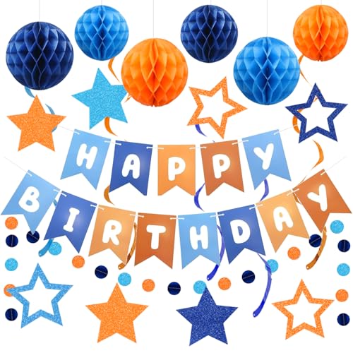 Vorbespannte Happy Birthday Dekorationen für Jungen Männer Frauen, Orange Blau Geburtstagsbanner mit Wabenbällen, Sternen Hängende Wirbel Luftschlangen, Kreis Punkte Girlande Vorbespannte Happy Birthday Dekorationen für Jungen Männer Frauen, Orange Blau Geburtstagsbanner mit Wabenbällen, Sternen Hängende Wirbel Luftschlangen, Kreis Punkte Girlande von HEWUAUL