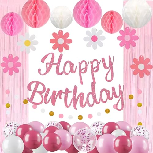 Vorbespannte rosa Geburtstagsdekorationen für Frauen Kits: Geburtstagsvorhang, Hintergrund, Ballons, Glitzerbanner mit Wabenbällen, Sternen, hängende Wirbel, Luftschlangen, Kreise Punkte Girlande Vorbespannte rosa Geburtstagsdekorationen für Frauen Kits: Geburtstagsvorhang, Hintergrund, Ballons, Glitzerbanner mit Wabenbällen, Sternen, hängende Wirbel, Luftschlangen, Kreise Punkte Girlande von HEWUAUL