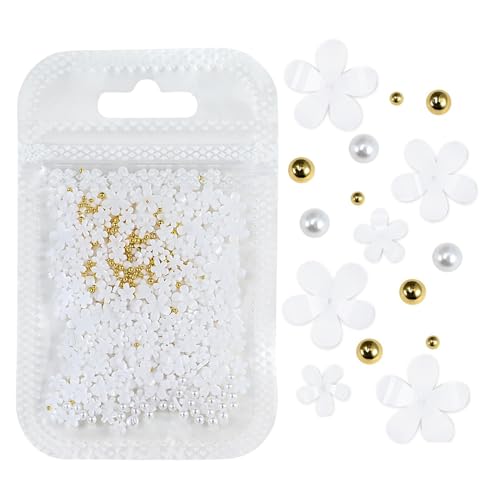 HEXHUASR 1000 Stück weiße rosa Blüten Frühling Acryl Blume Nagel Strass gemischt Perlen 3D Blumen Nagel Edelsteine ​​weiße Harzteile(ZCF149-1) von HEXHUASR