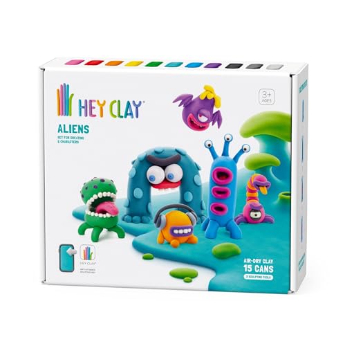 Hey Clay Aliens-Set – bunte Modellier-Kinder – lufttrockenes Ton-Set 15 Dosen und Modellierwerkzeuge mit lustiger interaktiver Anleitung von Hey Clay