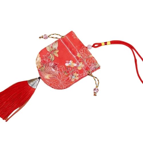 Schmuckbeutel aus Seide mit Kordelzug, bestickte Schmucktasche aus Brokatseide, 4 Beutel mit Blumenmuster, Geschenkbeutel mit Kordelzug, leerer Duftbeutel, Hanfu-Zubehör, Anhänger(Red) von HEYDGBBZ