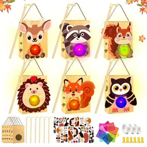 HEYIDAMAI 6er Laternen zum Selber Basteln für Kinder, Laternen Bastelset mit LED und mit Buntglas Effekt, Fuchs, Eule, Eichhörnchen, Elch, Bär, Igel Laterne Bastelset, für Mädchen und Jungen von HEYIDAMAI