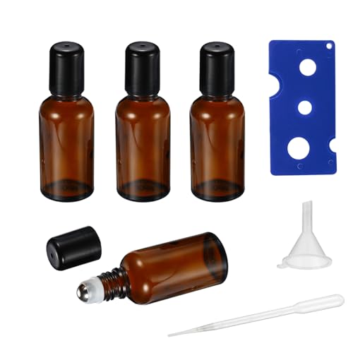 HEYLEAYAR 15 ml Rollerflaschen für ätherisches Öl, 4 Stück, leere bernsteinfarbene Glas-Rollerflasche für Parfümöl, Roll-on-Flaschen mit Edelstahl-Rollkugeln, Öffner, Trichter und Pipette von HEYLEAYAR