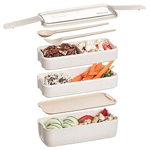 Bento Box,lunchbox mit fächern,Bento Box für Erwachsene Kinder,3Schicht Brotdose 900ml Lunchbox mit 3Fächern Besteck,Lagige Vesperdose,Erwachsene Kinder Brotbüchse zum Schule Arbeit Picknick-Beige von HEYOUTH