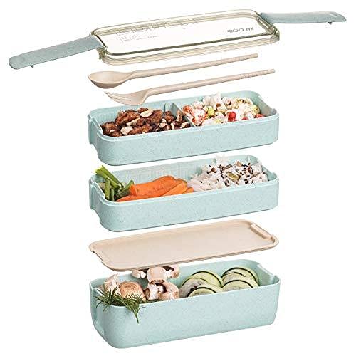 Bento Box,lunchbox mit fächern,Bento Box für Erwachsene Kinder,3Schicht Brotdose 900ml Lunchbox mit 3Fächern Besteck,Lagige Vesperdose für Erwachsene Kinder Brotbüchse zum Schule Arbeit Picknick-Grün von HEYOUTH