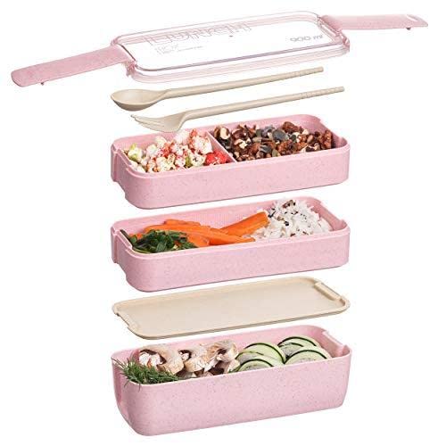 Bento Box,lunchbox mit fächern,Bento Box für Erwachsene Kinder,3Schicht Brotdose 900ml Lunchbox mit 3Fächern Besteck,Lagige Vesperdose für Erwachsene Kinder Brotbüchse zum Schule Arbeit Picknick-Rosa von HEYOUTH