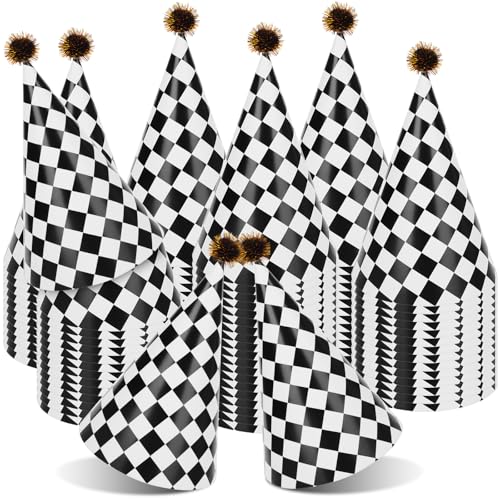 HEYTIMI 60 Stück Party-Kegelhüte mit Rennwagen-Motiv, Papierhut mit Pompons und elastischer Kordel, schwarz-weiß kariert, Dekorationen für Kinder, Erwachsene, Geburtstag, Babyparty HEYTIMI 60 Stück Party-Kegelhüte mit Rennwagen-Motiv, Papierhut mit Pompons und elastischer Kordel, schwarz-weiß kariert, Dekorationen für Kinder, Erwachsene, Geburtstag, Babyparty von HEYTIMI