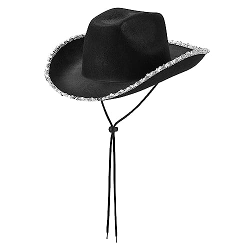 HEYXI Hut mit Paillettenkrempe für Damen, Cowgirl-Hut, Hochzeitsfeier, Requisiten, Junggesellinnenabschied, Westernhut für Braut, Schwarz HEYXI Hut mit Paillettenkrempe für Damen, Cowgirl-Hut, Hochzeitsfeier, Requisiten, Junggesellinnenabschied, Westernhut für Braut, Schwarz von HEYXI