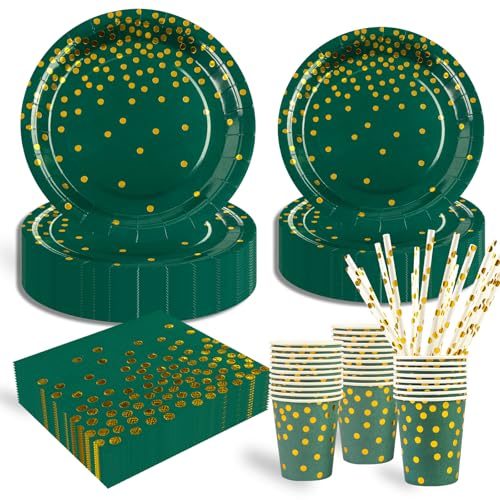 125 Stück Dunkelgrün Gold Kindergeburtstag Party Deko Zubehör Set, ​Papier Geschirrset einschließlich Pappteller Tasse Strohhalm und Servietten für Hochzeiten Deko Jubiläums von HFBOBP