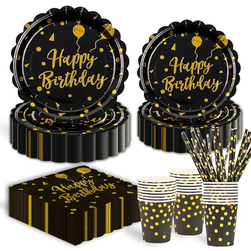 125 Stück Thema Partygeschirr Set, Schwarz und Gold Geburtstag Geschirr für Graduierung Urlaub Hochzeit Geburtstag Party Zubehör Dekorationen 25 Gäste von HFBOBP