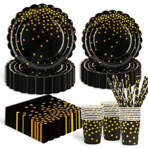 125 Stück Thema Partygeschirr Set, Schwarz und Gold Golden Punkt Geburtstag Geschirr für Graduierung Urlaub Hochzeit Geburtstag Party Zubehör Dekorationen 25 Gäste 125 Stück Thema Partygeschirr Set, Schwarz und Gold Golden Punkt Geburtstag Geschirr für Graduierung Urlaub Hochzeit Geburtstag Party Zubehör Dekorationen 25 Gäste von HFBOBP