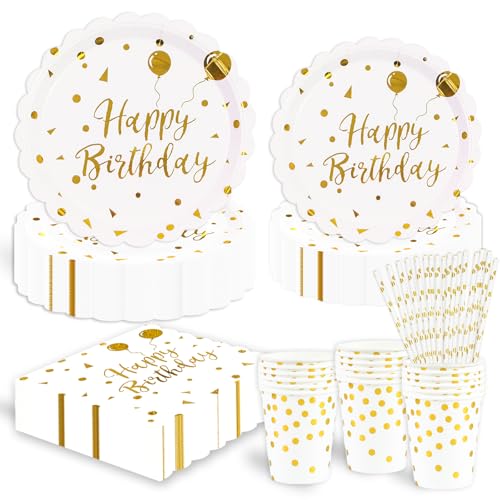 125 Stück Thema Partygeschirr Set, weiß und Gold Geburtstag Geschirr für Graduierung Urlaub Hochzeit Geburtstag Party Zubehör Dekorationen 25 Gäste von HFBOBP
