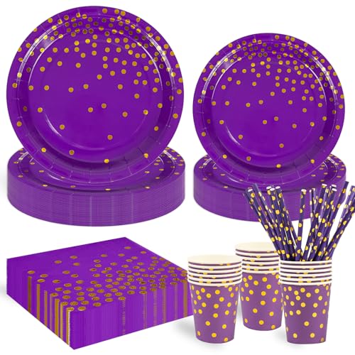 125 Stück ViolettGold Kindergeburtstag Party Deko Zubehör Set, ​Papier Geschirrset einschließlich Pappteller Tasse Strohhalm und Servietten für Hochzeiten Deko Jubiläums von HFBOBP