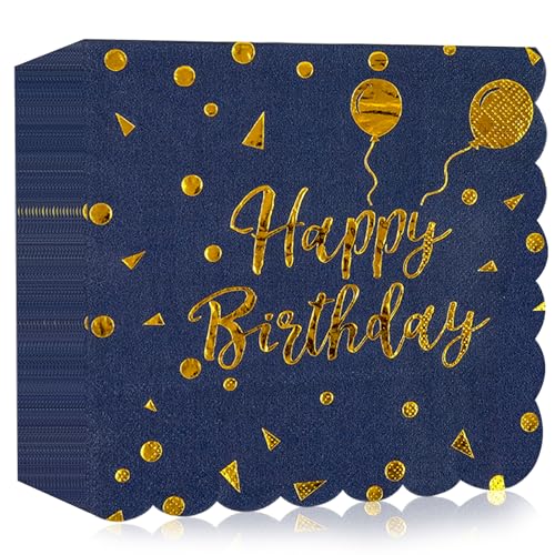 40 Stück Servietten Happy Birthday, Blau und Gold Geburtstag Spitzen Servietten 33x33cm für Junge mädchen Geburtstag Feiern Party Jubiläum von HFBOBP