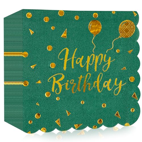 40 Stück Servietten Happy Birthday, Dunkelgrün und Gold Geburtstag Spitzen Servietten 33x33cm für Junge mädchen Geburtstag Feiern Party Jubiläum von HFBOBP
