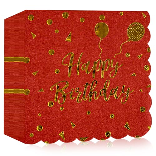 40 Stück Servietten Happy Birthday, Rot und Gold Geburtstag Spitzen Servietten 33x33cm für Junge mädchen Geburtstag Feiern Party Jubiläum von HFBOBP