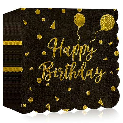 40 Stück Servietten Happy Birthday, Schwarze und Gold Geburtstag Spitzen Servietten 33x33cm für Junge mädchen Geburtstag Feiern Party Jubiläum von HFBOBP