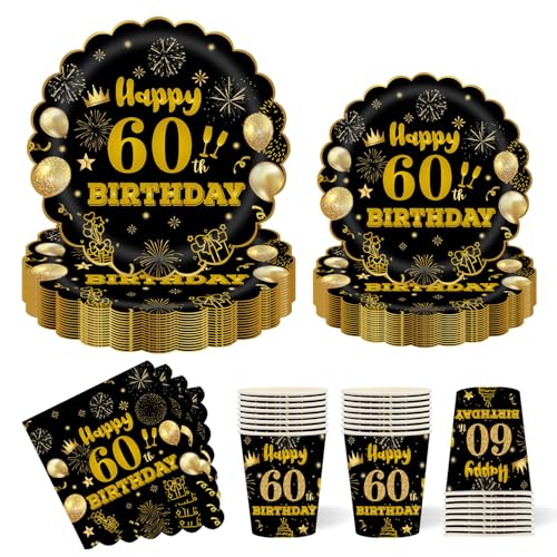 60. Geburtstag Partygeschirr für 24 Gäste,96 Stück Party Pappteller Becher Servietten Partyteller Partyset Süße Party für Hochzeit Jahrestag Empfang Event Dekorationen 60. Geburtstag Partygeschirr für 24 Gäste,96 Stück Party Pappteller Becher Servietten Partyteller Partyset Süße Party für Hochzeit Jahrestag Empfang Event Dekorationen von HFBOBP
