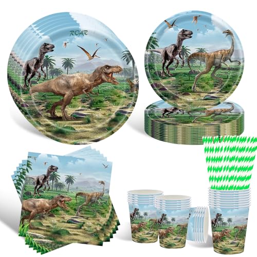 Geburtstagsdeko Partygeschirr Set, 16 Gäste Dinosaurier Teller Set, Partygeschirr Set Mit Pappteller Und Becher Servietten Kindergeburtstag Partyzubehör für Geburtstag Deko Junge Mädchen Motto Party Geburtstagsdeko Partygeschirr Set, 16 Gäste Dinosaurier Teller Set, Partygeschirr Set Mit Pappteller Und Becher Servietten Kindergeburtstag Partyzubehör für Geburtstag Deko Junge Mädchen Motto Party von HFBOBP