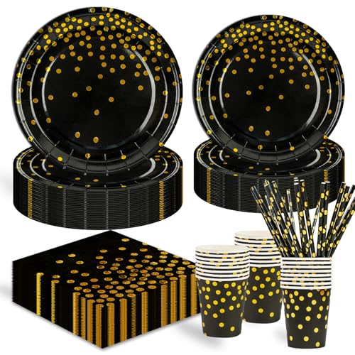 HFBOBP 125 Stück Schwarzesgold Kindergeburtstag Party Deko Zubehör Set, Papier Geschirrset einschließlich Pappteller Tasse Strohhalm und Servietten für Hochzeiten Deko Jubiläums HFBOBP 125 Stück Schwarzesgold Kindergeburtstag Party Deko Zubehör Set, Papier Geschirrset einschließlich Pappteller Tasse Strohhalm und Servietten für Hochzeiten Deko Jubiläums von HFBOBP