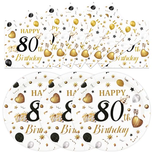 HFBOBP 50 Einwegteller und Servietten (80. Geburtstag, 17,8 cm) von HFBOBP
