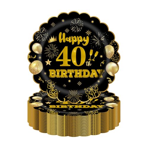 HFBOBP 50 Stück 40. Geburtstag Party Pappteller, 17.78cm Einweg Schwarz und Gold Scalloped Dessert Partyteller Party für Hochzeit Jahrestag Dekorationen von HFBOBP