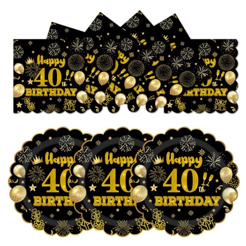 HFBOBP 50 Stück 40. Geburtstag Party Pappteller und Servietten, 17.78cm Einweg Schwarz und Gold Scalloped Dessert Partyteller Party für Hochzeit Jahrestag Dekorationen von HFBOBP