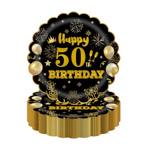HFBOBP 50 Stück 50. Geburtstag Party Pappteller, 17.78cm Einweg Schwarz und Gold Scalloped Dessert Partyteller Party für Hochzeit Jahrestag Dekorationen von HFBOBP