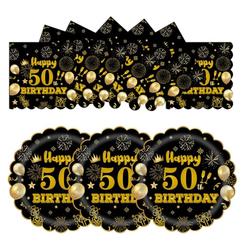 HFBOBP 50 Stück 50. Geburtstag Party Pappteller und Servietten, 17.78cm Einweg Schwarz und Gold Scalloped Dessert Partyteller Party für Hochzeit Jahrestag Dekorationen von HFBOBP