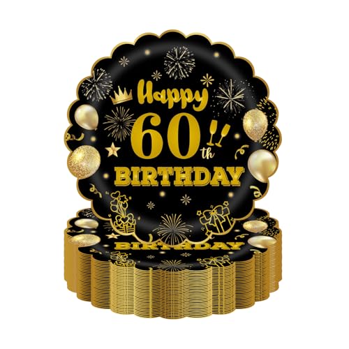 HFBOBP 50 Stück 60. Geburtstag Party Pappteller, 17.78cm Einweg Schwarz und Gold Scalloped Dessert Partyteller Party für Hochzeit Jahrestag Dekorationen von HFBOBP