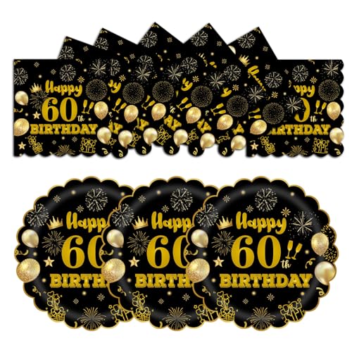 HFBOBP 50 Stück 60. Geburtstag Party Pappteller und Servietten, 17.78cm Einweg Schwarz und Gold Scalloped Dessert Partyteller Party für Hochzeit Jahrestag Dekorationen von HFBOBP
