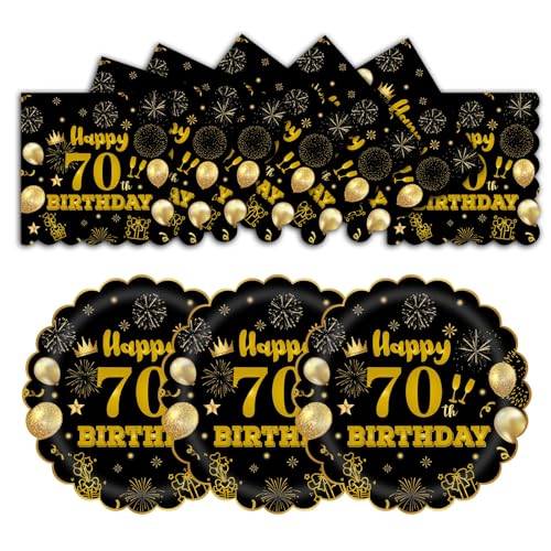 HFBOBP 50 Stück 70. Geburtstag Party Pappteller und Servietten, 17.78cm Einweg Schwarz und Gold Scalloped Dessert Partyteller Party für Hochzeit Jahrestag Dekorationen von HFBOBP