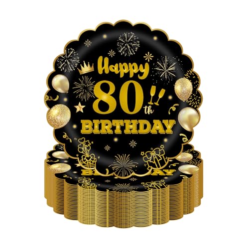 HFBOBP 50 Stück 80. Geburtstag Party Pappteller, 17.78cm Einweg Schwarz und Gold Scalloped Dessert Partyteller Party für Hochzeit Jahrestag Dekorationen von HFBOBP