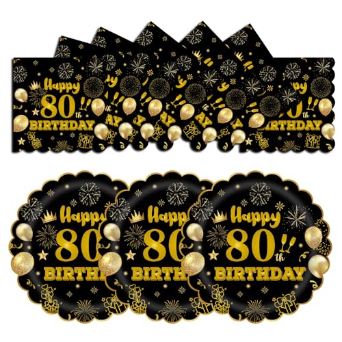 HFBOBP 50 Stück 80. Geburtstag Party Pappteller und Servietten, 17.78cm Einweg Schwarz und Gold Scalloped Dessert Partyteller Party für Hochzeit Jahrestag Dekorationen von HFBOBP