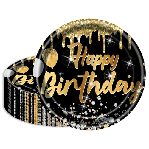 HFBOBP 50 Stück Geburtstag Pappteller Schwarz Gold,17,8cm Happy Birthday Schwarz-goldene Pappteller Einweg Deko Partygeschirr für Geburtstag, Hochzeit, Abschlussfeier Jubiläums von HFBOBP
