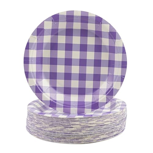 HFBOBP 50 Stück Gingham Teller, 18cm karierte Pappteller kariert Dessertteller Einweg Party Teller Geschirr Geschirr für Picknick Hochzeit Geburtstage Camping Party Supplies Dekorationen (Lila, 18cm) von HFBOBP