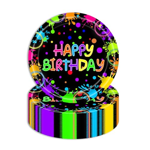 HFBOBP 50 Stück Happy Birthday Pappteller,17,8cm Bunte Glow Pappteller Kindergeburtstag Party Einweg Partyteller Leuchtende Geschirr für Geburtstag, Hochzeit, Abschlussfeier Jubiläums von HFBOBP