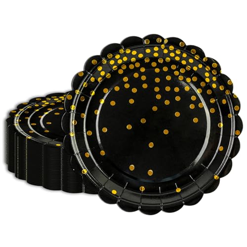 HFBOBP 50 Stück Partyteller Goldfolie Teller, Schwarz Gold Dot Pappteller Partygeschirr für Abendessen, Dessert, Hochzeit, Jubiläums, Valentinstag HFBOBP 50 Stück Partyteller Goldfolie Teller, Schwarz Gold Dot Pappteller Partygeschirr für Abendessen, Dessert, Hochzeit, Jubiläums, Valentinstag von HFBOBP