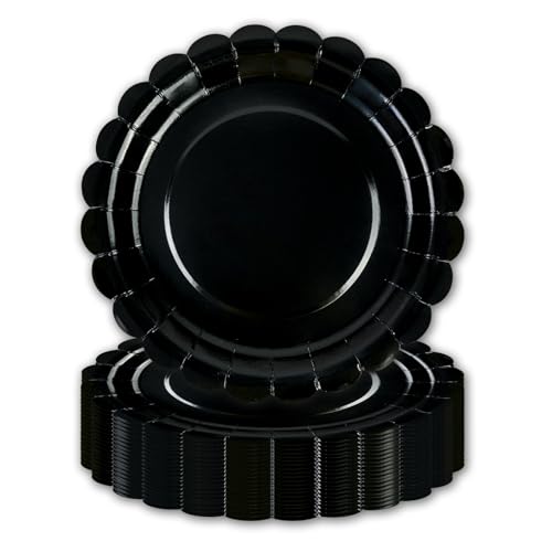 HFBOBP 50 Stück Schwarz Pappteller,18CM Dessertteller Einmalgeschirr Tisch Dekorationen Partygeschirr für Hochzeit Garten Geburtstag Party von HFBOBP