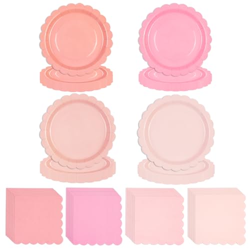 HFBOBP 96 Stück Rosa Servietten und Pappteller, Eukalyptus Tischdeko für Taufe Geburtstage Hochzeit Brautparty Dinner Party Getränkeservietten von HFBOBP