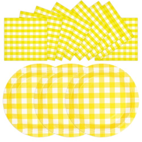 HFBOBP Pappteller und Servietten mit Gingham-Muster, Gelb, 17,8 cm, 50 Stück von HFBOBP
