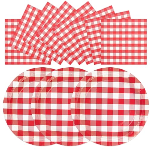 HFBOBP Pappteller und Servietten mit Gingham-Muster, Rot, 17,8 cm, 50 Stück von HFBOBP