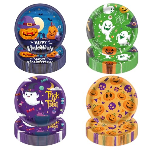 Halloween-Party-Pappteller, 17,8 cm, Geister-Kürbis-Dessertteller, niedliche Einwegteller, gruseliges Boo rundes Geschirr für Geburtstag, Babyparty, Partyzubehör, Dekorationen, 48 Stück von HFBOBP