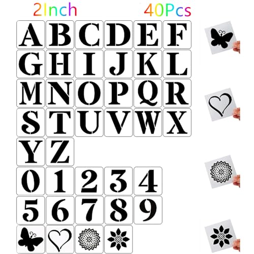 40 Stück 5cm große Buchstaben- und Zahlen-Vorlagen, wiederverwendbare Kunststoff-Schablonen Alphabet zum Malen auf Holz,Wand,Stoff,Stein,Tafel,Schildern,Zahlen-Malschablonen, DIY-Kunstgeschenke von HFHungkeong