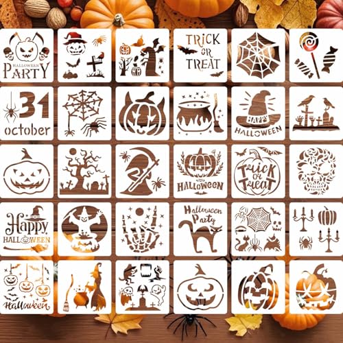 Halloween-Schablonen, wiederverwendbar, spülbar, Kunststoff, Kürbis, Hexe, Spinne, Fledermaus, Mustervorlagen zum Malen auf Holz, Brennkunst, Handwerk, Wand, Heimschild, Dekoration, Stoff, 30 Stück Halloween-Schablonen, wiederverwendbar, spülbar, Kunststoff, Kürbis, Hexe, Spinne, Fledermaus, Mustervorlagen zum Malen auf Holz, Brennkunst, Handwerk, Wand, Heimschild, Dekoration, Stoff, 30 Stück von HFHungkeong