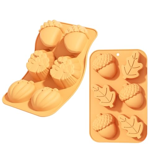 2 Stück Herbst Silikon Schokoladenformen, 6 Mulden Kürbisblatt Eiche Silikonformen, Ahornblatt Kürbis Silikonformen, 3D Kürbis Silikonform, für Pudding, Muffin, Kuchen von HFMYGS