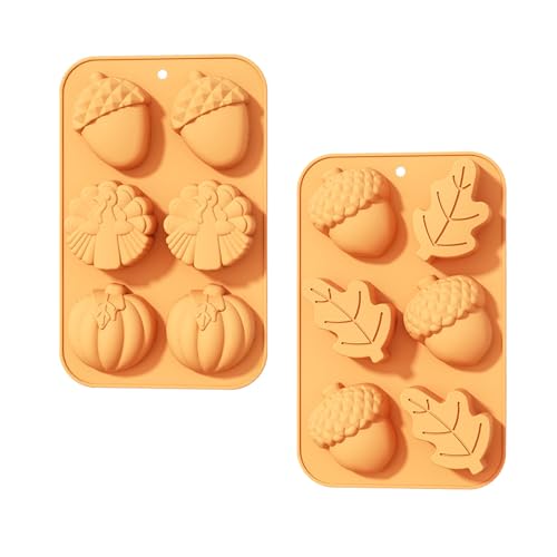 2 Stück Herbst Silikon Schokoladenformen, 6 Mulden Kürbisblatt Eiche Silikonformen, Ahornblatt Kürbis Silikonformen, 3D Kürbis Silikonform, für Pudding, Muffin, Kuchen von HFMYGS